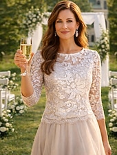 voordelige Thee Lengte-A-lijn Tot de knie Feestjurk Cocktail jurk Bruiloft gast jurk Moeder van de bruid jurk 3/4 mouw Met sieraad Elegant Doorzichtig Bruiloft gast Chiffon Kant Tule met Plooien Appliqués