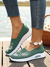Χαμηλού Κόστους Γυναικεία Sneakers-Γυναικεία πράσινα slip-on αθλητικά παπούτσια με κέντημα λουλουδιών – αναπνεύσιμα πλεκτά παπούτσια για περπάτημα σε εξωτερικούς χώρους, ταξίδια και θηλασμό