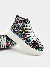 cheap Women's Shoes-Women's Mardi Gras Black Colorful Sequin High-Top Sneakers – Trendy Festival Shoes for Carnival, Parades and Street Parties