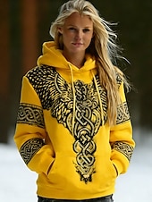 olcso Viking csúcsok-Női Pulóver Hoodie pulóver Nyomtatott Elülső zseb Grafika Mértani Szüret Alkalmi Boho Hosszú ujj Kapucni Normál felsők Utca Hétköznapi Medence Fehér Sárga Rubin Ősz Tél