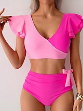 Χαμηλού Κόστους Σετ μπικίνι-Γυναικεία Μαγιό 2 κομμάτι Προκλητικό Μαγιό Σουρωτά Κουρελού Εξώπλατο Διακοπές Ρούχα παραλίας Συνδυασμός Χρωμάτων Λαιμόκοψη V Αμάνικο Μαγιό