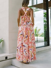 tanie Sukienki kwiatowe-Damskie Sukienka maxi Sukienka A line Sukienka na ramiączkach Urlop Codzienny Na zewnątrz Wyjściowe Luźna Kwiaty Graficzny Bez rękawów Cienkie ramiączka Niebieski Błękit nieba Pomarańczowy Zielony