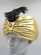 levne Příslušenství-Pánský zlatý metalický polyesterový klobouk na Mardi Gras s peřím a broží - princ sultán nebo arabská pokrývka hlavy pro karneval a maškarní akce