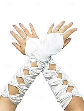 baratos Acessórios-Luvas de cetim de poliéster femininas do Mardi Gras em várias cores design elegante com detalhes em pérolas perfeitas para carnaval e bailes de máscaras