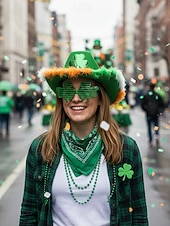  女性用聖パトリックの日のクローバーハット、バンダナ &グラスセット - 緑の羽根、お祝いやパレードのためのお祭りアクセサリー