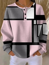billiga Randig och geometrisk hoodie-Dam Huvtröjor Knappar Grafisk Geometrisk Färgblock Mode Ledigt Tryck Långärmad Rund hals Vanliga toppar Ledigt Gata Blå Rodnande Rosa Purpur Grön Höst Vinter