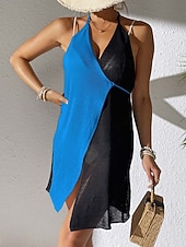 preiswerte Strandkleider-Damen Cover Up Badeanzug Kleid Patchwork Urlaubs Strandbekleidung Uni-Farbe V-Hals Ärmellose Badeanzüge