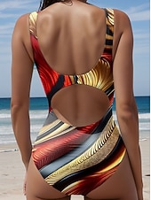 お買い得  ワンピース水着-ウィメンズ1ピース水着 スリミング モノキニ ブリーフ タミーコントロール ハイウエスト スリム バックレス バケーション ビンテージ オンブレ グラフィック ラウンドネック ノースリーブ 水着