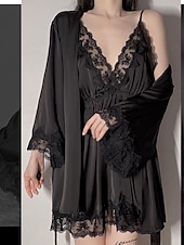 abordables Combinaisons pour femmes-Femmes Robe Chemise de Nuit Ensemble Pyjama Occasionnel Doux Satin Couleur Unie Dentelle Robes Quotidien Maison Lit manche longue Bretelles Noir Blanche Rose Claire Vin Marron Été Coupe régulière