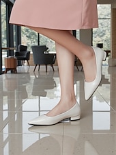 cheap Women's Flats-Women's Elegant White Pointed Toe Flats with Low Block Heel, Comfortable and Stylish Footwear for Casual or Office Wear