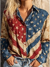  Festa dell'Indipendenza Camicia Patriottica da Donna in Lino Similare Traspirante Leggera Grafica Bandiera Astratta Vintage Giornaliero Elegante Maniche Lunghe Collo Camicia Giornaliero Lavoro