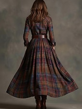 cheap Stripe&amp;Geometric Dress-Women's Maxi Dress Shift Dress Vacation Casual Boho Daily Regular Fit Plaid Long Sleeve Lapel Blue Dark Yellow Deep Green Black Spring Fall Winter(No belt)