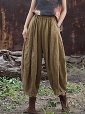 economico Collezione di Lino Premium-Pantaloni da donna in lino biologico con elastico in vita e tasche a lanterna