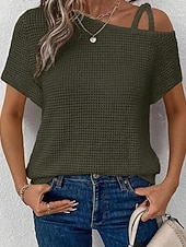 abordables Camiseta lisa-Mujer Camiseta Color sólido Vintage Elegante Manga Corta Cuello asimétrico Tops regulares Diario Noche Fin de semana Negro Blanco Rosa Caqui Verano Primavera