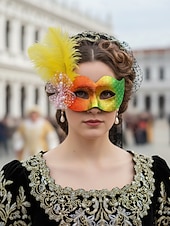 olcso kiegészítők-Női kék-zöld fényes tollas álarc a Mardi Gras-ra – Elegáns velencei karneváli jelmez kiegészítő textúrált mintával bulikhoz és bálokhoz