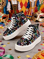 cheap Women's Shoes-Women's Mardi Gras Black Colorful Sequin High-Top Sneakers – Trendy Festival Shoes for Carnival, Parades and Street Parties