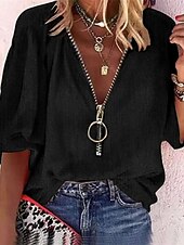 baratos Camisas Falsas Essenciais-Mulheres Blusa Tops elegantes Linho de algodão sintético Franzido Patchwork Zíper Côr Sólida Tecido Elegante senhoras à moda Manga 3/4 Decote V Tops regulares Diário Trabalho Para Noite Preto Camelo