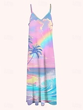 halpa Kukkaiset mekot-Naisten Maksimekko Kesämekko A linjainen mekko Slip Mekko Loma Vapaa-aika Boheemi Hiekkaranta Loose Fit Kuvitettu Lehti Hihaton V kaula-aukko Spagettiolkaimet Valkoinen Vaalean vihreä Punastuvan