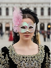 olcso kiegészítők-Női kék-zöld fényes tollas álarc a Mardi Gras-ra – Elegáns velencei karneváli jelmez kiegészítő textúrált mintával bulikhoz és bálokhoz