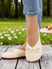 preiswerte Ballerinas für Damen-Damen-Ballerinas aus weichem Kunstleder in Mandelfarbe mit weiter Passform und Schleife – minimalistische Slipper für Büro, Freizeit und Schule