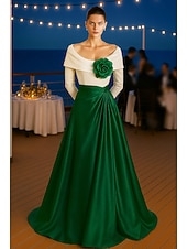 cheap A-Line Evening Dresses-A-Line Floor Length Evening Gown Ball Gown Formal Dress Elegant Color Block Silky Long Sleeve Off Shoulder Wedding Formal Pocket Satin with Pleats Pocket Shouder Flower