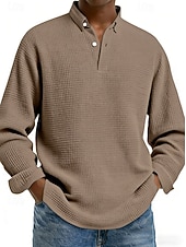 abordables Polo clásico para hombre-Hombre Camisetas polo con diseño de gofre Camisetas polo Casual Calle Diseño Manga Larga Básico Moderno Plano Botones Primavera Otoño Ajuste regular Negro Blanco Rojo Azul Marino Albaricoque
