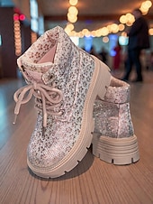 economico Stivali alla caviglia-stivaletti allacciati con glitter da donna - stivali da combattimento con plateau e strass scintillanti, stile trendy per la vita notturna, per feste e club &amp;abiti da sera