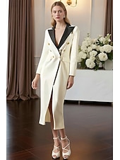 cheap Tuxedo Dresses-Women's Tuxedo Dress Sheath Business Office Formal Satin Elegant Long Sleeve Midi Peak Lapel Double Breasted