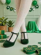 abordables Día de San Patricio-Zapatos de tacón con tira en T de terciopelo verde para mujer: calzado de inspiración vintage para festividades del Día de San Patricio, fiestas y celebraciones.