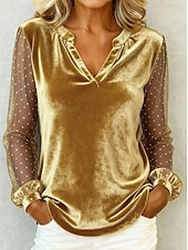 abordables Camiseta lisa-Año Nuevo Mujer Terciopelo A Lunares Elegante Vintage Manga Larga Escote en Pico Tops regulares Diario Invitado a la boda Festivos Azul Piscina Negro Rosa Vino Dorado Otoño Invierno