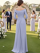  Sheath Column Sweep Brush Train Wedding Guest Dress Chiffon Formal Dresses Mother of the Bride Dress 3/4 Length Sleeve V Neck Elegant Simple Formal Wedding Guest Chiffon with Ruched Cascading Ruffles