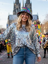 billiga Tillbehör-Kvinnors flerfärgad vändbar paljetthatt för Mardi Gras - glänsande diskokostymtillbehör för karneval rave och maskerad