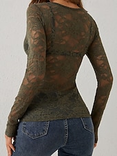 baratos Tops de Renda-Mulheres Blusa Tops de renda Renda Tecido à moda Sensual Manga Longa Decote V Tops regulares Diário Feriado Para Noite Preto Branco Vinho Azul Marinha Verde Esmeralda Outono Inverno