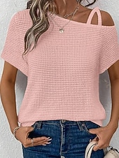 abordables Camiseta lisa-Mujer Camiseta Color sólido Vintage Elegante Manga Corta Cuello asimétrico Tops regulares Diario Noche Fin de semana Negro Blanco Rosa Caqui Verano Primavera