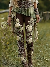 economico -Per donna Leggings Leggings comodi Vacanza Vintage Casual Lunghezza intera Vita Alta Floreale Grafico Stampa Comodità Confortevole Alta elasticità Casuale Quotidiano Vacanza Marrone scuro Marrone