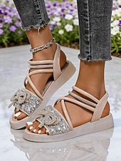 voordelige Vrouwen-Zwarte platte sandalen met enkelbandje en strasssteentjes voor dames - sprankelende, met juwelen versierde sandalen met open neus, stijlvolle en comfortabele sandalen voor elke dag.