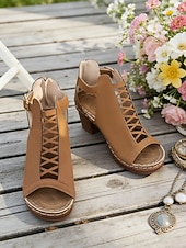 voordelige Hakken Sandalen-Rode damessandalen met dikke hak en ritssluiting, opengewerkt ontwerp, perfect voor tuinfeesten en casual gelegenheden.