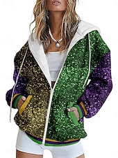 tanie Odzież damska na karnawał-Carnival Damska Bluza na Zamek Graficzna Geometryczna Abstrakcyjna Moda Streetwear Casual Długim Rękawem Z Kapturem Regularne Topu Codzienna Wygoda Wyjście Na Zamek Kieszeń Fioletowy Zielony Ciemny