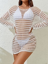 preiswerte Strandkleider-Damen Cover Up Badeanzug Kleid Cut Out Urlaub Strandbekleidung Einfarbig Rundhals Lange Ärmel Badeanzüge