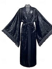 cheap Women's Onesies-Women's Robe Casual Soft Satin Pure Color Lace Patchwork Daily Home Bed Long Sleeve V Neck Black White Wine Summer Spring Loose Fit