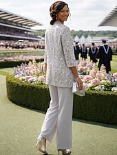 preiswerte Hosenanzüge für Mama-Dreiteilig Knöchellänge Brautmutterkleid Dreiviertelarm Rundausschnitt Party Glanz &amp; Glamour Hochzeitsgast Hochzeitsfeier Familientreffen Chiffon Spitze mit Paillette Einfarbig