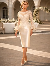 preiswerte Teelänge-Schlauchkleid Knielang Partykleid Cocktailkleid Kleid für Hochzeitsgäste Brautmutterkleid Langarm Juwelenhals Elegant Vintage luxuriös Hochzeitsgast Satin Spitze mit Applikationen