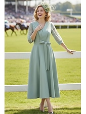 tanie Długość kostki-Krój A Do kostki Sukienka Derby Sukienka dla matki panny młodej Rękaw 3/4 W serek Klapa Elegancja Kentucky Derby Rozciągliwa krepa z Kokardki