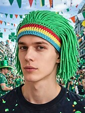 preiswerte St. Patrick&amp;#39;s Day-Herren-Perückenmütze aus Häkelgarn, mehrfarbiges Design mit grünen, roten und gelben Streifen, perfekt für den St. Patrick's Day und Kostümpartys