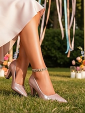 cheap Bridesmaid-Women's Metallic Pink Pointed Toe Heels with Chunky Heel – Elegant Wedding Guest and Bridesmaid Shoes for Garden Weddings