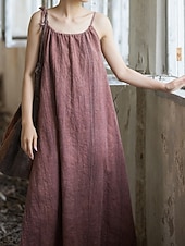 cheap Premium Linen Collection-Women's Midi Dress Cotton Linen Dresses Shift Dress Sundress Slip Dress Vintage Fashion Daily Outdoor Vacation Loose Fit Plain Sleeveless Straps Blue Teal White Yellow Summer Spring