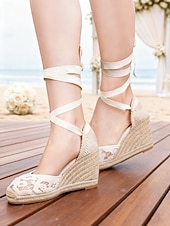ieftine Femei-Sandale cu platformă tip espadrilă din dantelă pentru femei - pantofi de mireasă eleganți cu panglică legată pentru ceremonii pe plajă, pantofi de mireasă confortabili &amp;încălțăminte de vară pentru