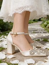 cheap Bride-Women's Pearl and Rhinestone Block Heels – Pointed-Toe Satin Bridal Wedding Pumps – Elegant Ivory High Heels