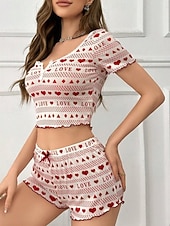 economico Pigiami e Lounge San Valentino-Per donna Set Pigiama Casual Comfort Cuore Elastico in vita Shorts Quotidiano Casa Manica Corta Scollo a V Nero Rosso Estate Primavera Vestibilità aderente