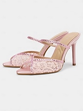 preiswerte Brautjungfer-Rosa Damen-Stilettos mit Spitze – elegante offene Pantoletten mit Strassriemen, romantisch-festlicher Stil, perfekt für Brautjungfern bei Hochzeiten